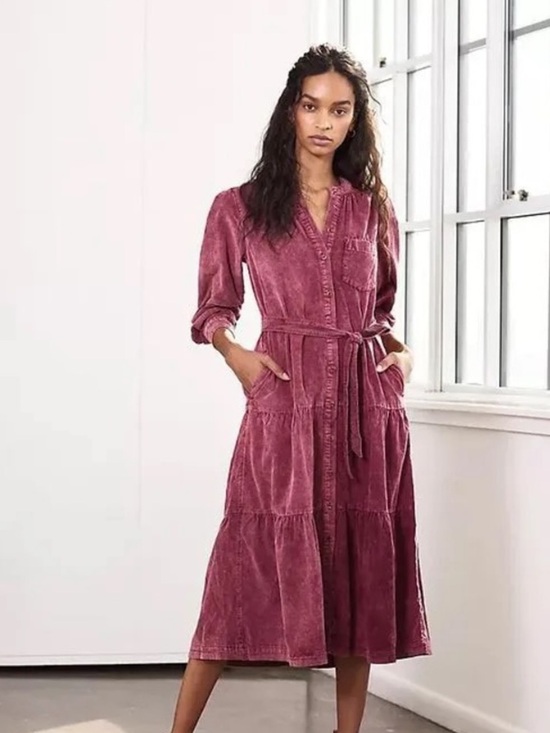 Anthropologie Dresses & Skirts - Anthropologie Pilcro Marta Tiered Corduroy Midi Dress Mauve Berry Pink Size XS